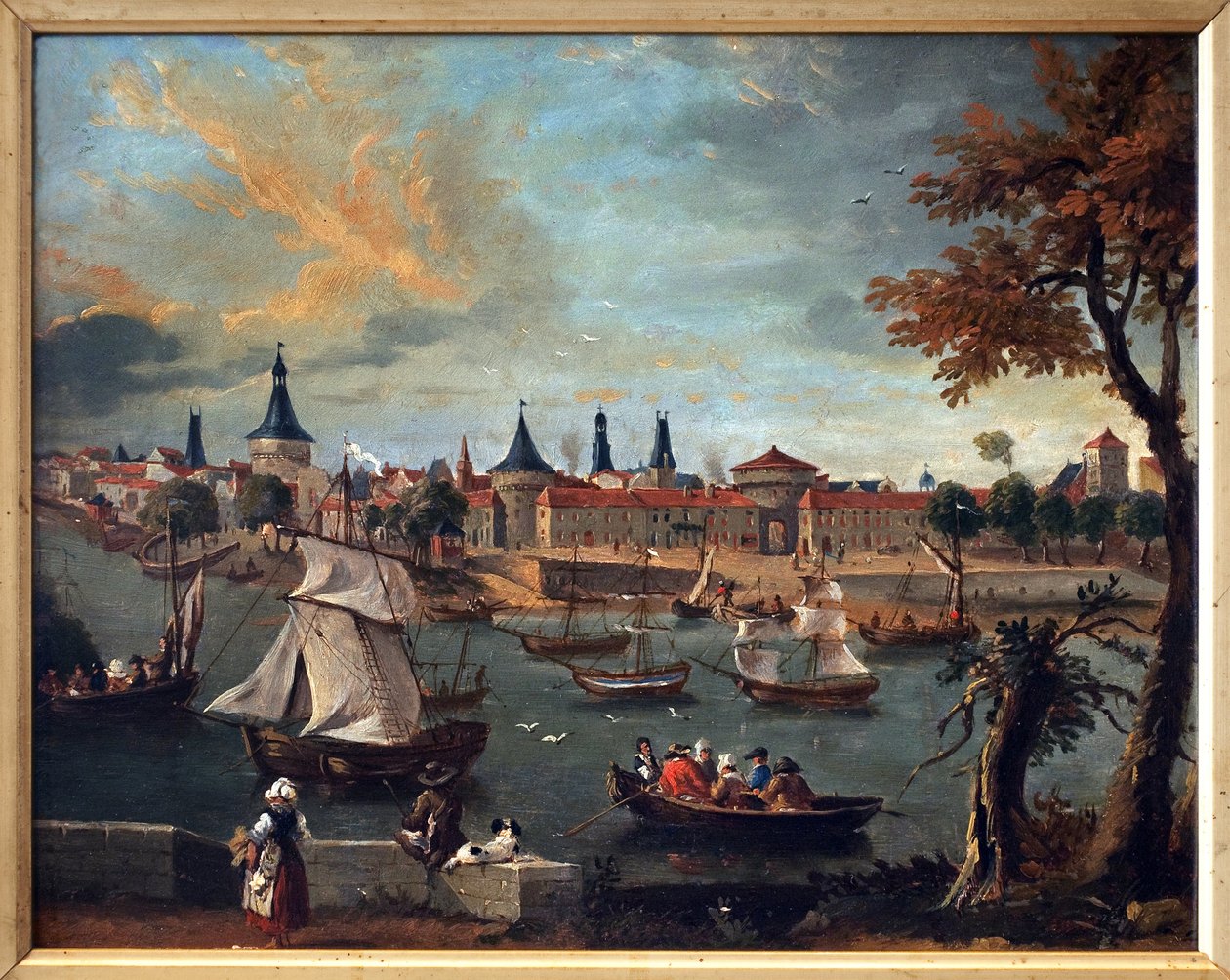 Havnen i Libourne på 1700-tallet. Kunstverk av Pierre Fournier (1740-1793), olje på papir marufle på papp av Pierre Fournier