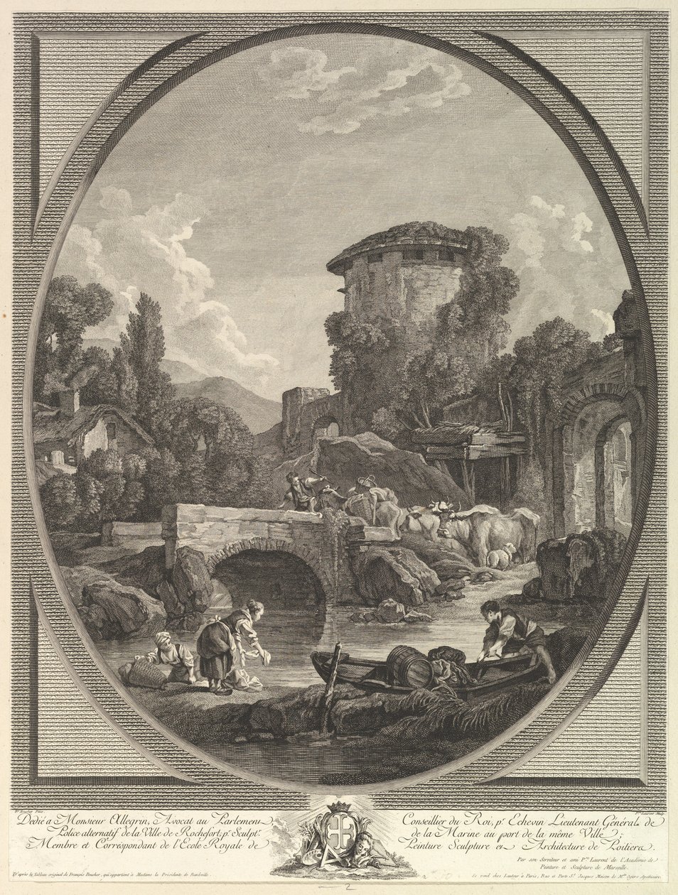 Landskap med bro og dueslag, 1700-tallet. av Pierre Francois Laurent