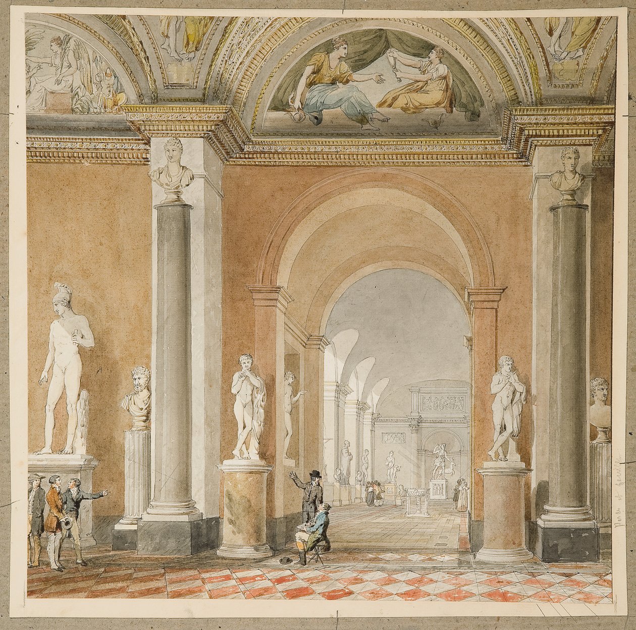 Det tidligere Apollo-rommet til Belvedere i Louvre (svart kritt og w/c på papir) av Pierre Francois Leonard Fontaine