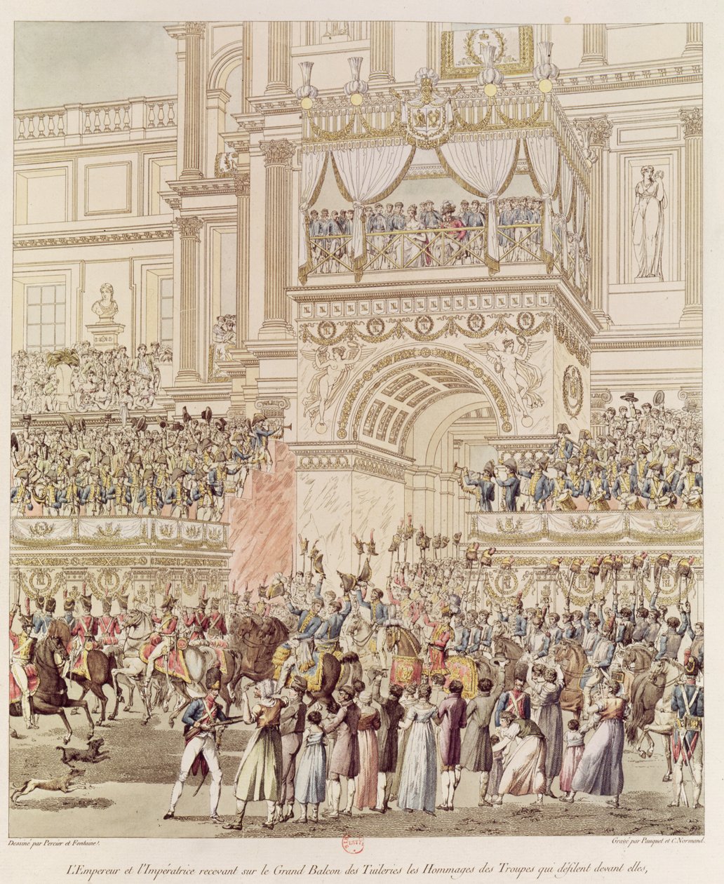 Keiseren og keiserinnen mottar hyllingen av de franske troppene fra balkongen til Tuileriene i anledning av deres ekteskap, gravert av Charles Pierre Joseph Normand (1765-1840) (farge) av Pierre Francois Leonard Fontaine