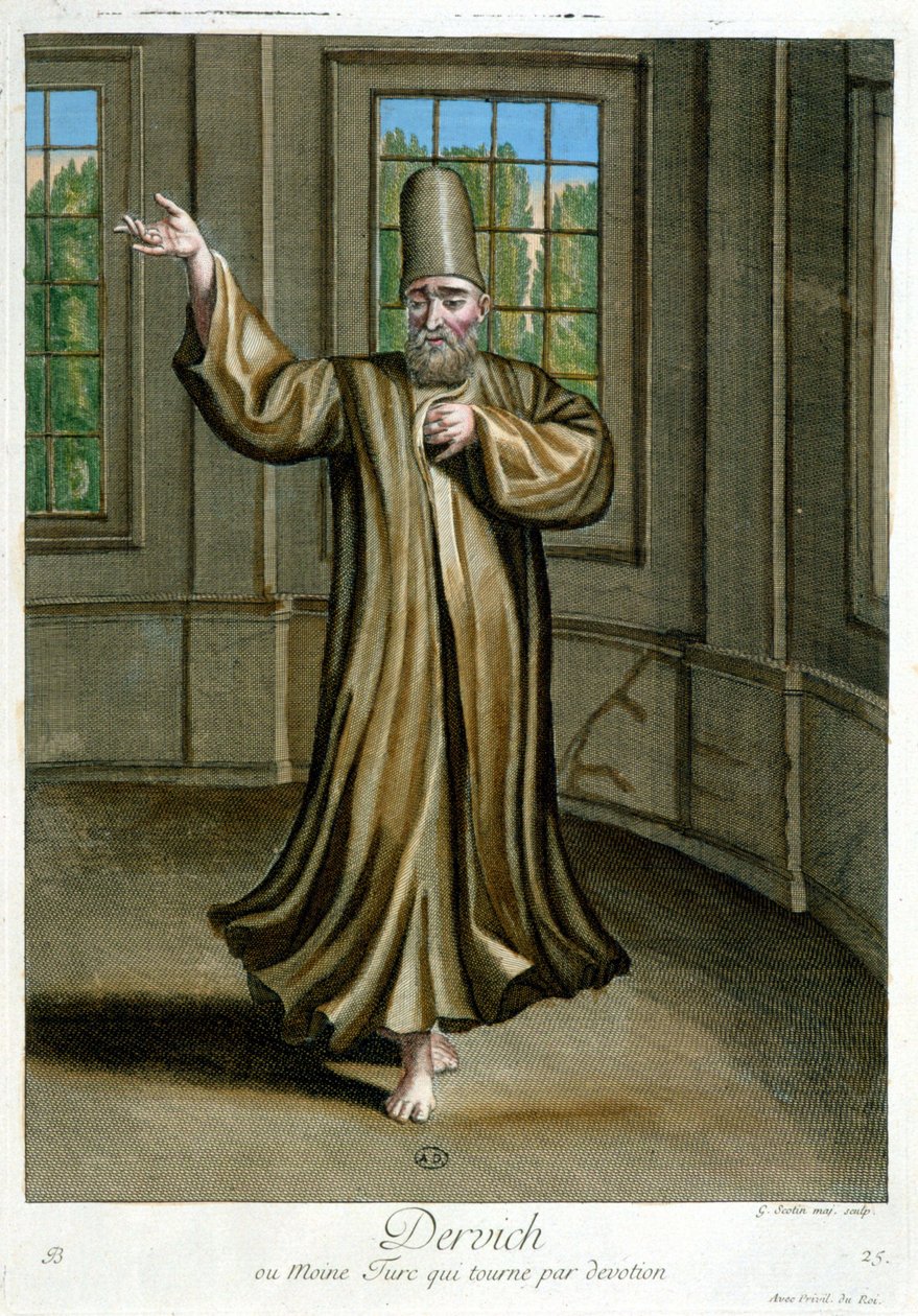 Dervich, eller tyrkisk munk som danser ved hengivenhet, "" Samling av 100 trykk som representerer forskjellige nasjoner i Levanten i 1707 og 1708"" etter ordre fra M. de Frriol, kongens ambassadør ved Porte og oppdatert i 1712-13 av omsorgen til M. Le Hay, av Pierre François Basan