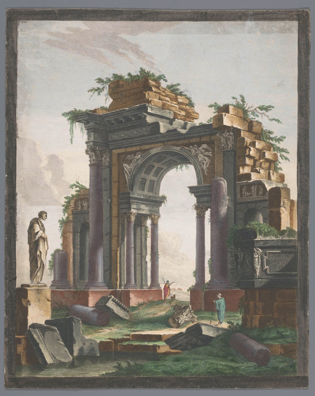 Utsikt over ruinen av en triumfbue Ruine d'ancien monument (tittel på objekt) av Pierre François Basan