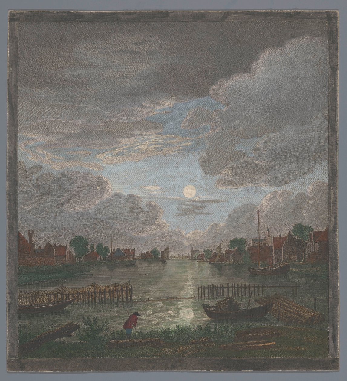Utsikt over en kanal nær byen Haarlem ved måneskinn Vûe du canal proche de Haerlem (tittel på objekt) av Pierre François Basan