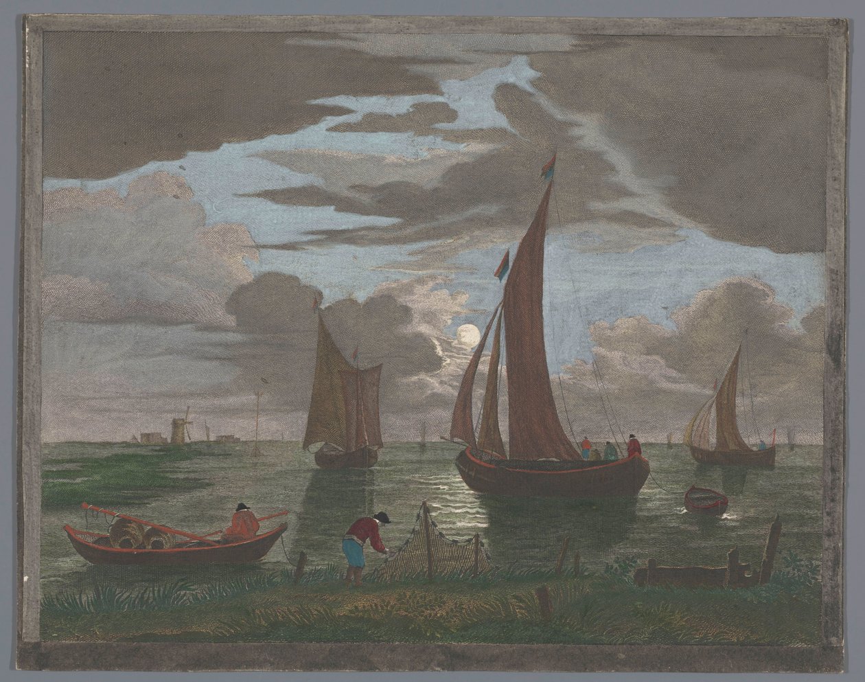 Utsikt over en kyst med skip og båter på vannet ved måneskinn 1er. Clair de lune (tittel på objekt) av Pierre François Basan