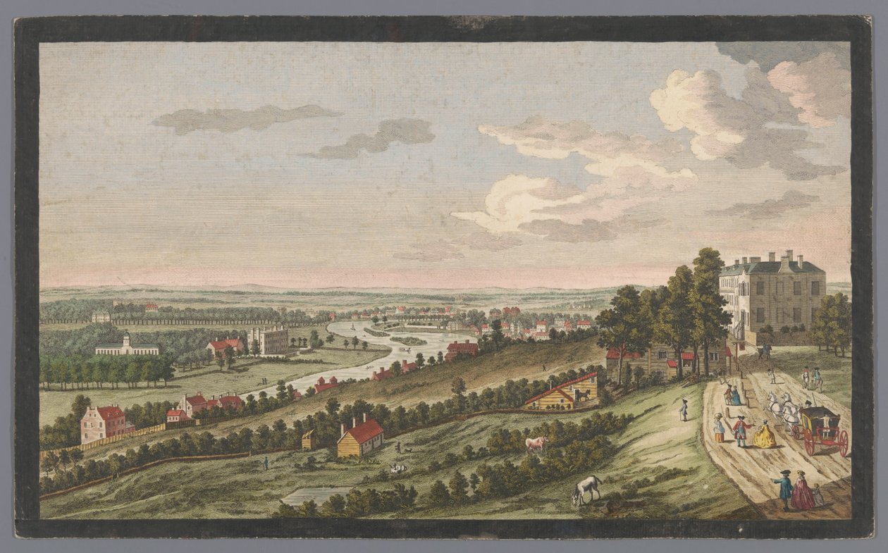 Utsikt over en elv med skip og båter på vannet ved måneskinn 2 meg. Clair de lune (tittel på objekt) av Pierre François Basan