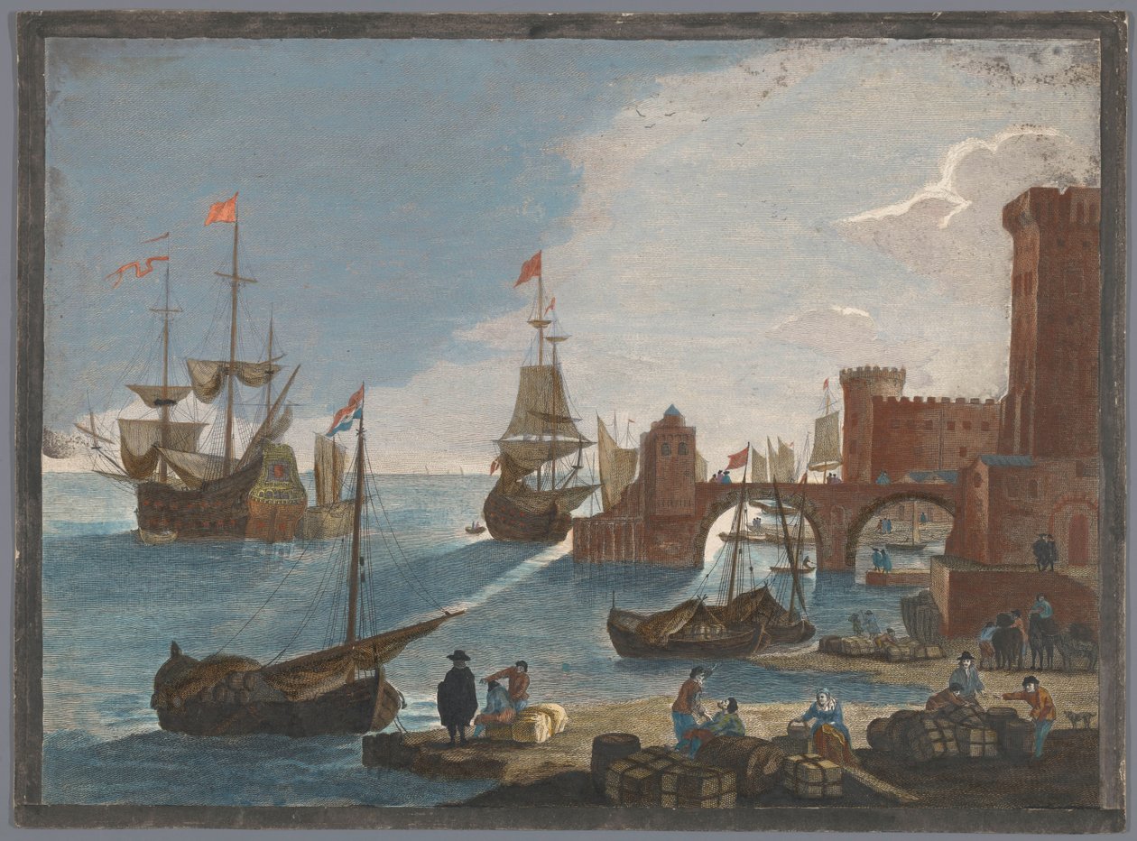 Utsikt over en havn med skip og båter på vannet 11. Vüe maritime (tittel på objekt) av Pierre François Basan