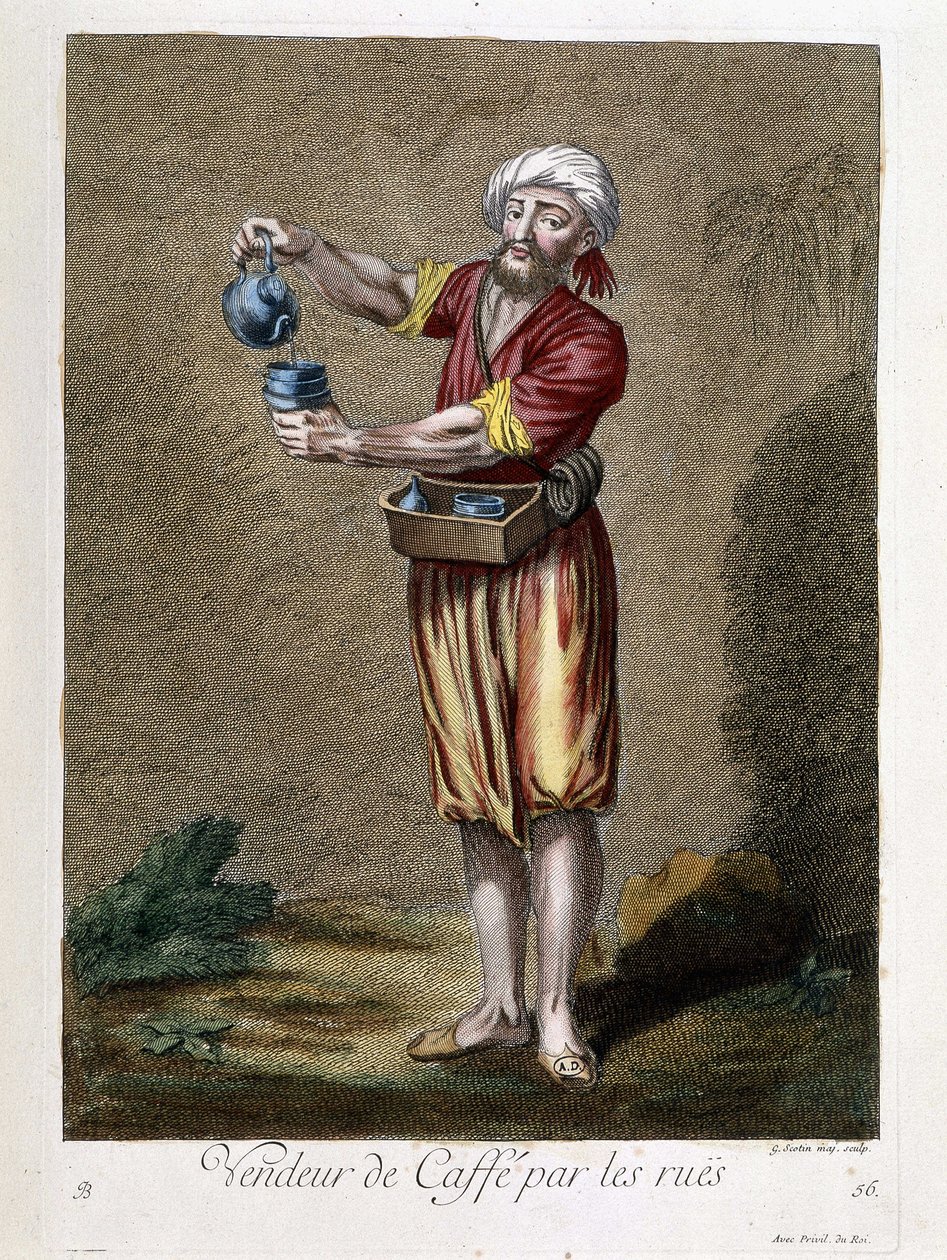 Selger av kaffe ved gatene, "" Samling av 100 trykk som representerer forskjellige nasjoner i Levanten i 1707 og 1708"" etter ordre fra M. de Frriol, kongens ambassadør ved Porte og oppdatert i 1712-13 av omsorg fra M. Le Hay, Basan-gravør, Par av Pierre François Basan