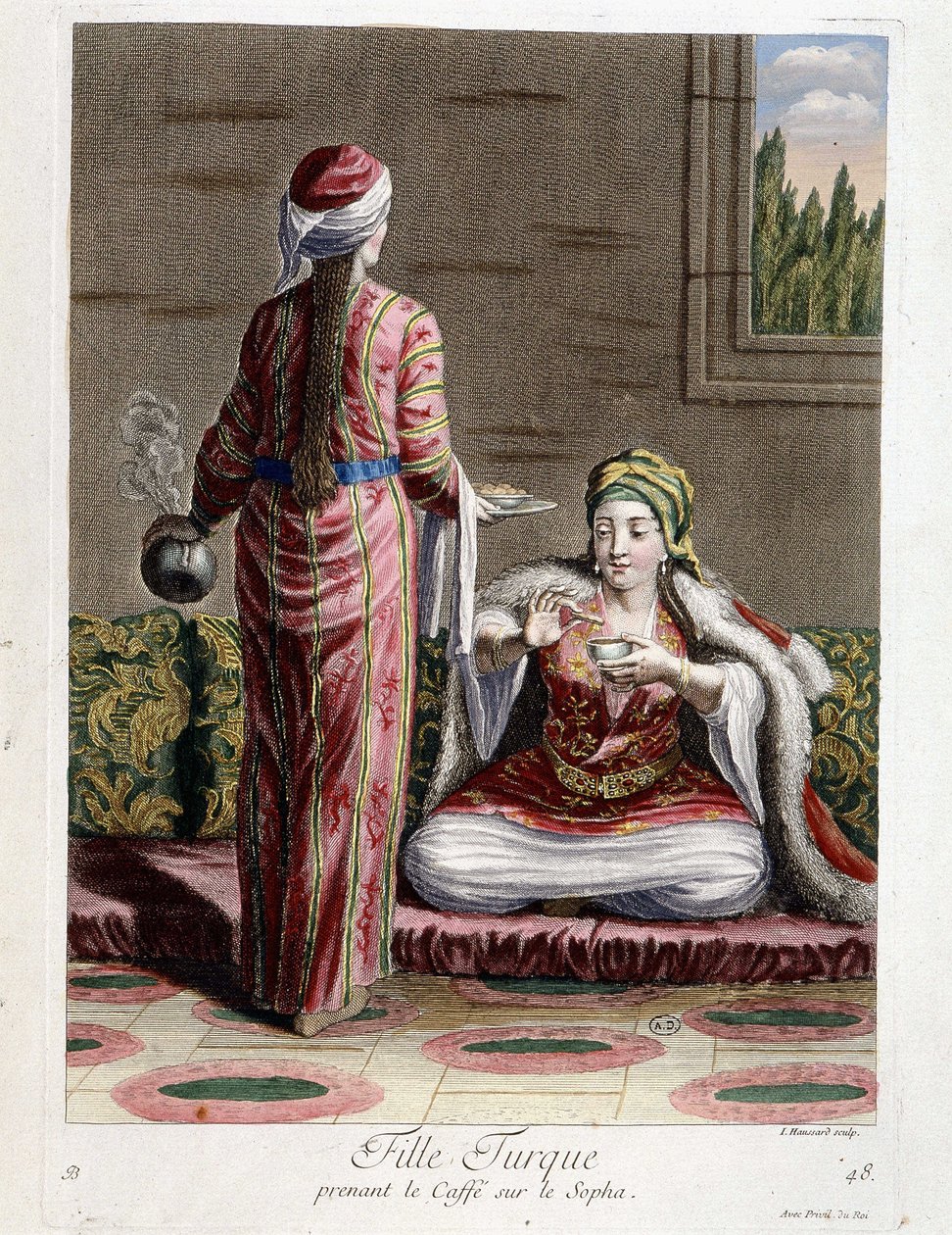 Tyrkisk jente som tar kaffe på sofaen, "" Samling av 100 trykk som representerer forskjellige nasjoner i Levanten i 1707 og 1708"" etter ordre fra M. de Frriol, kongens ambassadør ved Porte og oppdatert i 1712-13 av omsorgen av M. Le Ha av Pierre François Basan