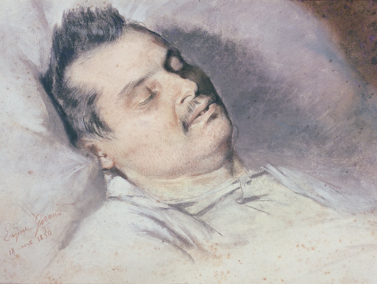 Honore de Balzac (1799-1850) på sitt dødsleie, 15. august 1850 (pastell og kritt på papir) av Pierre François Eugène Giraud