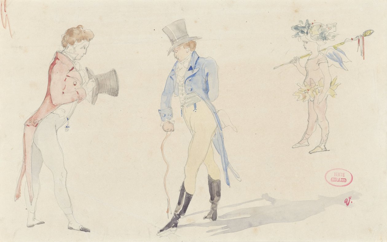 Lett skisseark med to dandier som møter hverandre og en ballettforelskelse av Pierre François Eugène Giraud