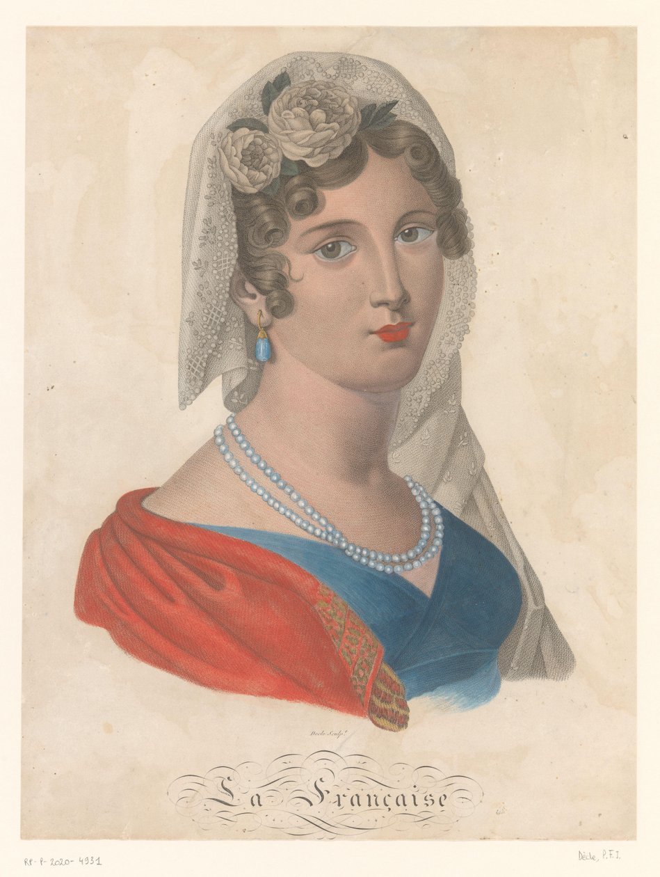 Fransk kvinne med ørering med blå perle, hvitt slør og roser i håret La Francaise (tittel på objekt) av Pierre François Isidore Dècle