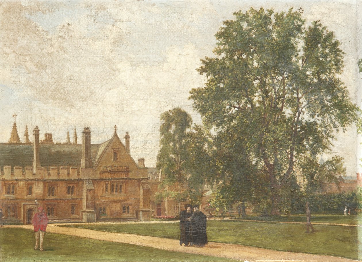 In the Grounds of Magdalen College, med portretter av Magdalen Fellows: pastor T. H. T. Hopkins, pastor H. R. Bramley, pastor J. Rigaud og pastor H. F. Garnsey, 1882 av Pierre François Joseph Tonneau