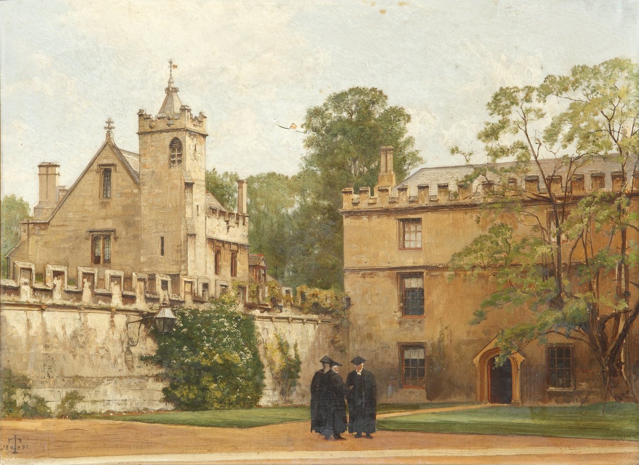 Grammar Hall fra St Johns Quadrangle i 1881: President Bulley in the Lodgings Drive and Two Others, 1881 av Pierre François Joseph Tonneau