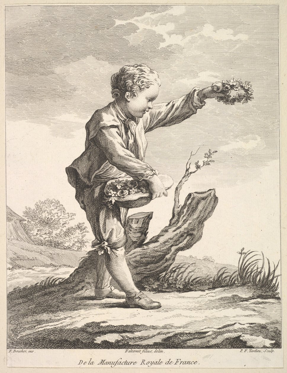 Liten gutt som holder en krans og kurv med blomster, fra Deuxième Livre de Figures d