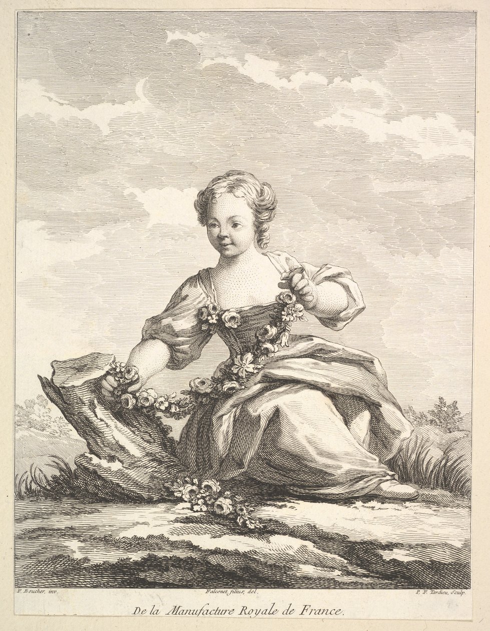 Liten jente som holder en krans av blomster, fra Second Book of Figures etter..., etter 1757. av Pierre François Tardieu