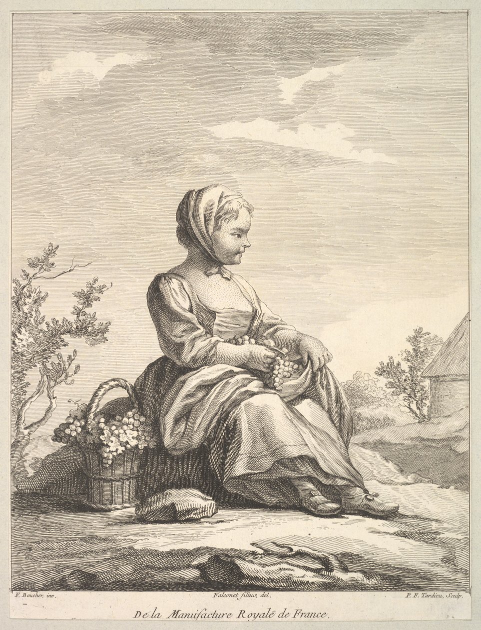 Liten jente som holder druer med en kurv med dem ved sin side, fra Deuxième Livre de..., etter 1757. av Pierre François Tardieu