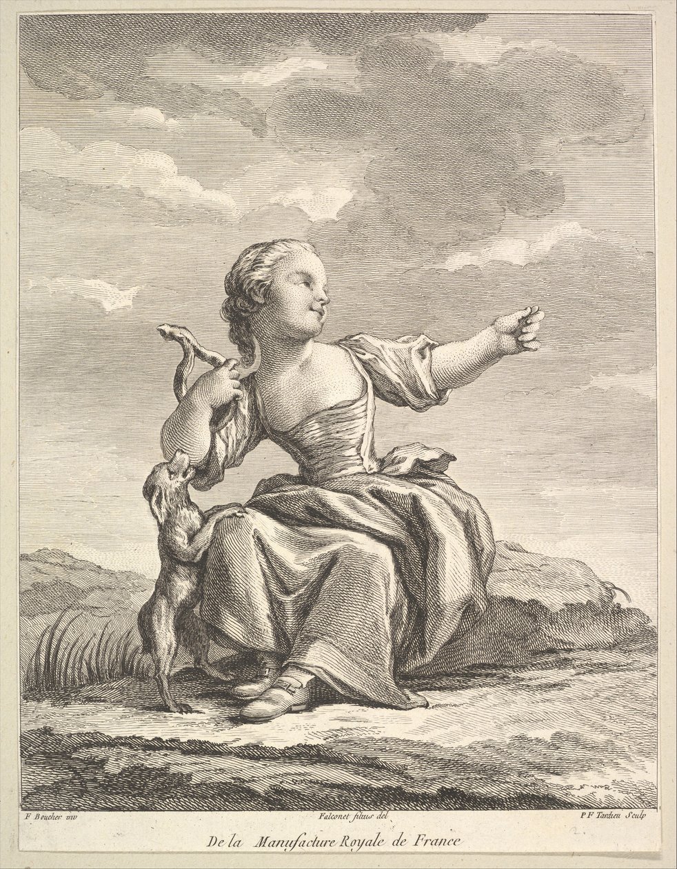 Liten jente som leker med en hund, fra Second Book of Figures etter porselenet..., etter 1757. av Pierre François Tardieu