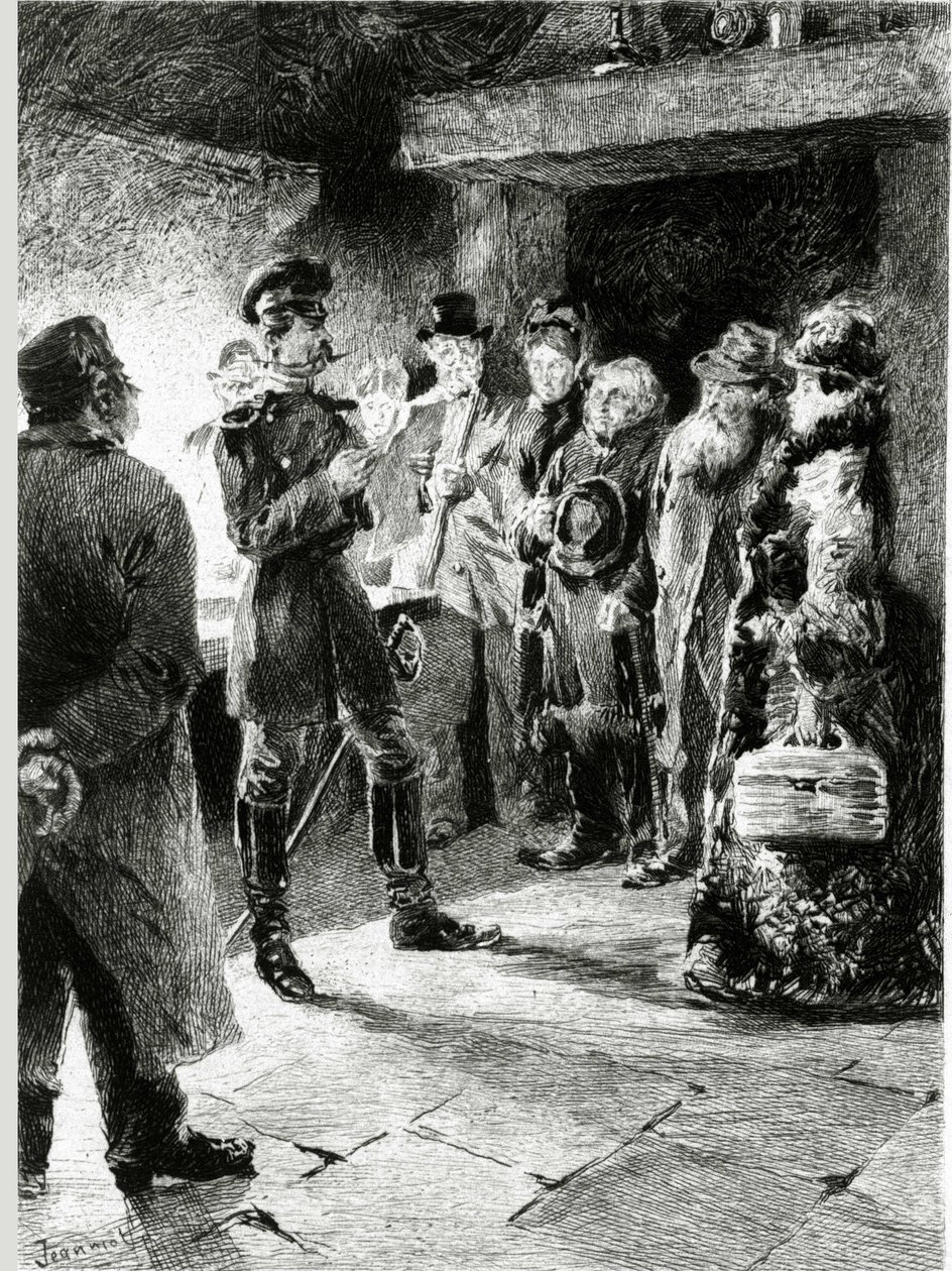 En tysk offiser ber Boulle de talg i bytte mot friheten til alle passasjerene som har blitt arrestert i diligence. I "" Ball of tallow"" av Guy de Maupassant (1850-1893). Illustrasjon av P. G. Jeanniot (1848-1934). Publisert på Ollendorff i av Pierre Georges Jeanniot