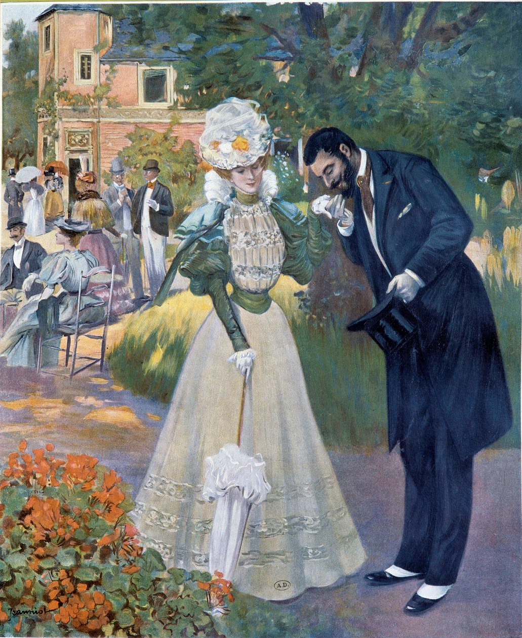 Belle epoque: «Håndsex»: en mann som hilser på en kvinne ved en mottakelse. Illustrasjon av Jeanniot for "" Le Figaro illustrious"" Starten av det 20. århundre Paris, dekorativ kunst av Pierre Georges Jeanniot