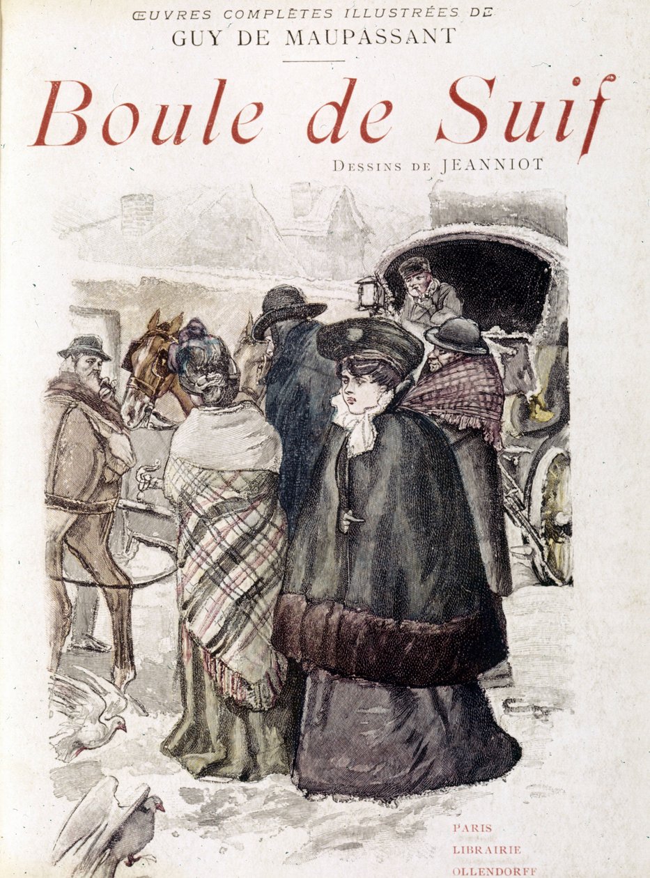 De reisende av diligence ble arrestert av tyske offiserer under okkupasjonen av Frankrike av Preussen. I forgrunnen: Prostituert Ball of Suif. I "" Ball of tallow"" av Guy de Maupassant (1850-1893). Illustrasjon av P. G. Jeanniot (1848-1934) av Pierre Georges Jeanniot