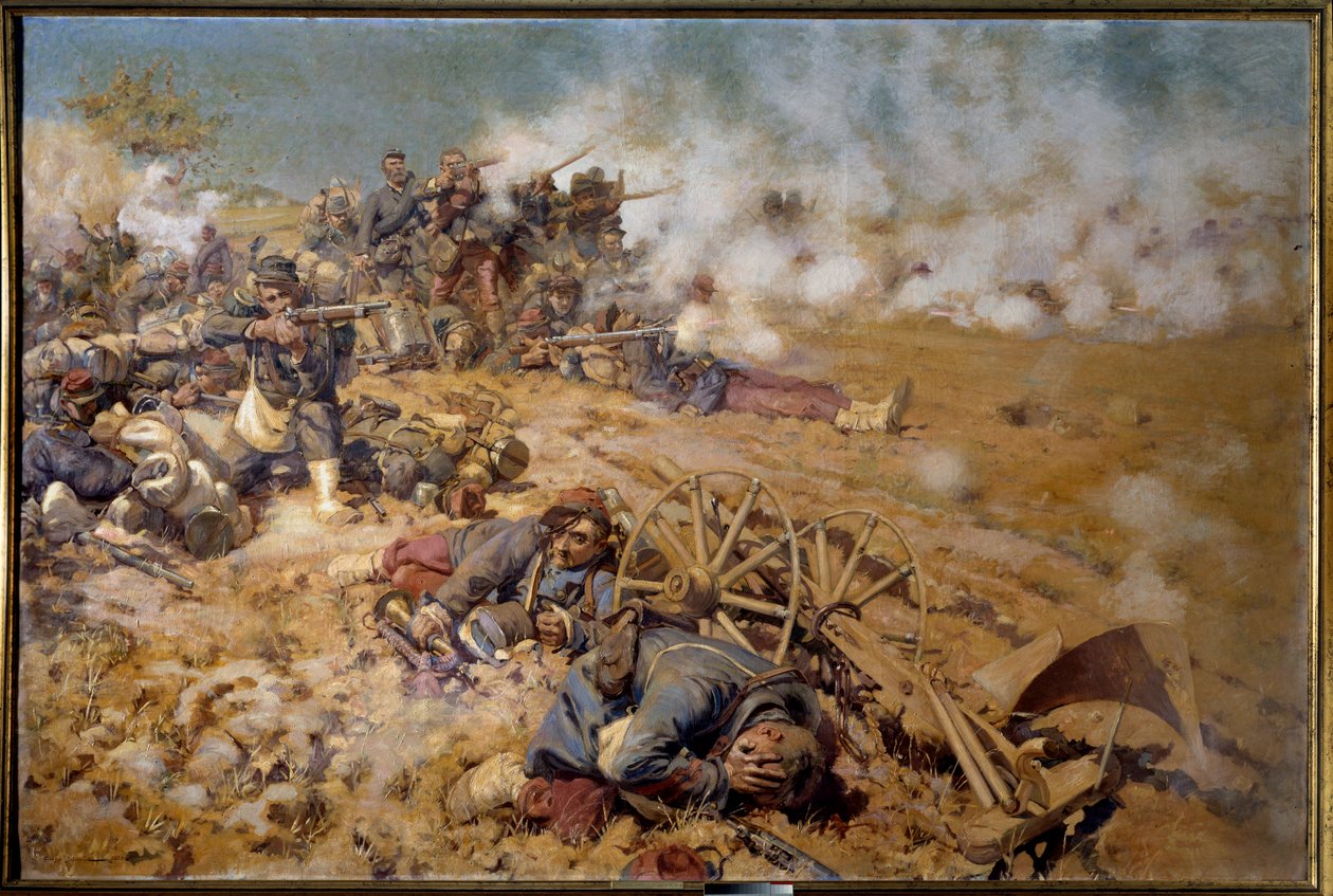 1870-krigen: "" Ildlinje ved slaget ved Rezonville 16. august 1870"" Maleri av Pierre Georges Jeanniot (1848-1934) 1886 Søn. 2x3 m Pau, Fine Arts Museum - Krigen i 1870: skuddlinje i slaget ved Rezonville, 16. august av Pierre Georges Jeanniot