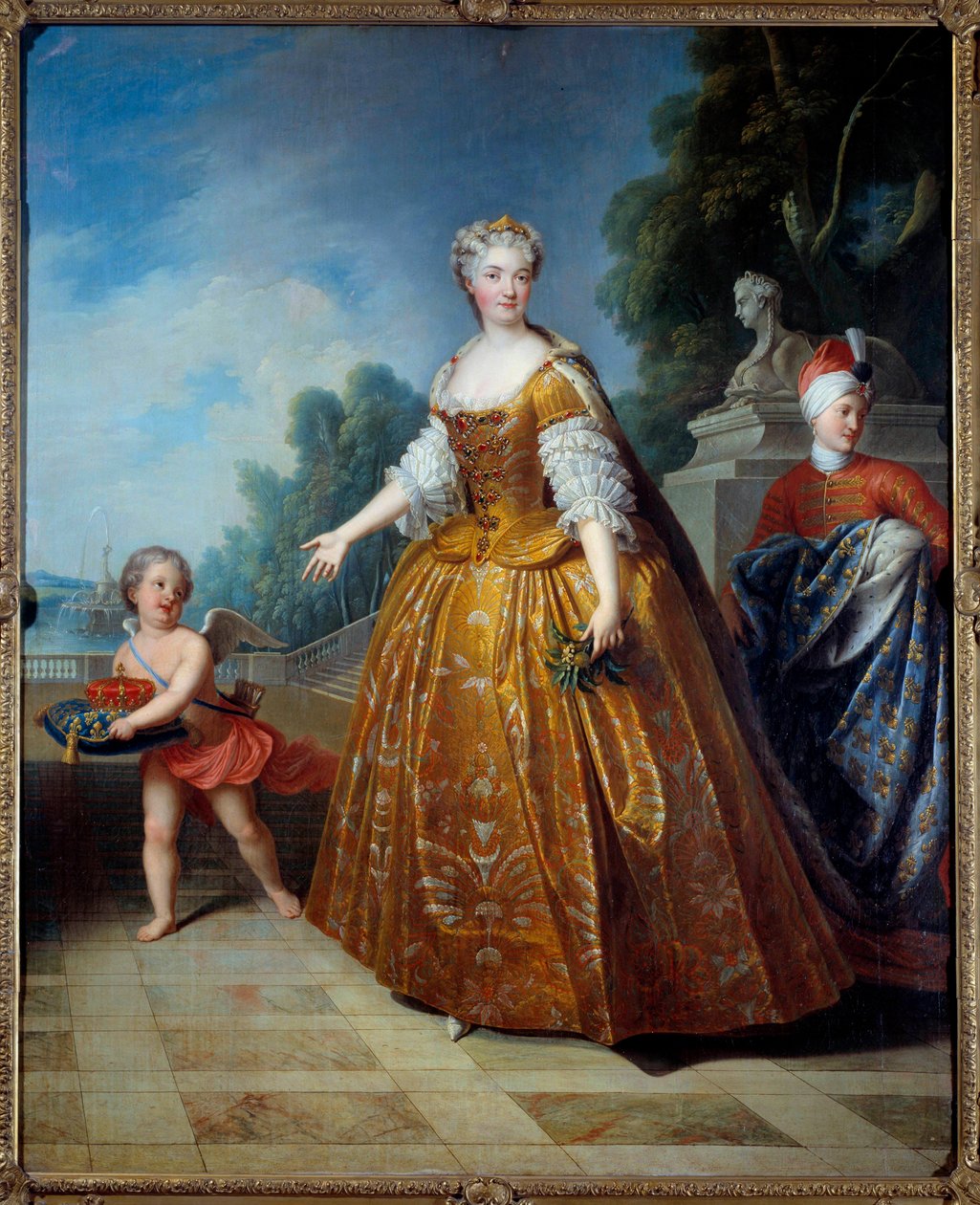 Portrait en pied de Marie Lesczinska (Lesczynska) (1703-1768) Dronning av Frankrike Maleri av Pierre Gobert (1662-1744) 1726 Nancy, Musee historique Lorraine - Full-lengde portrett av Marie Lesczinska (Leszczynska, Leczinska) (171683-171783) , dronning av  av Pierre Gobert