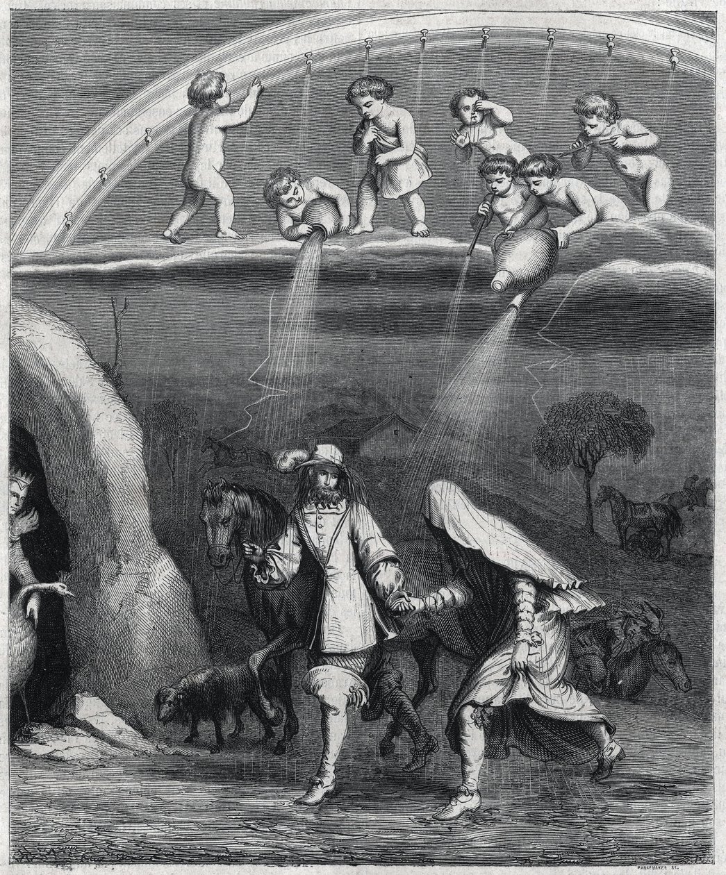 Enee og Didon overrasket over regnet i skogen. Illustrasjon av "" Virgil transvestitt"" av Paul Scarron (1610-1660), en parodi på "L