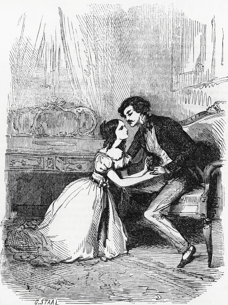 Illustrasjon for Black Sheep, roman av Honore de Balzac (1799-1850) fra samling med flere bind med tittelen Human Comedy, gravering av Pierre Gustave Eugene Staal (1817-1882) av Pierre Gustave Eugene (1817 82) Staal