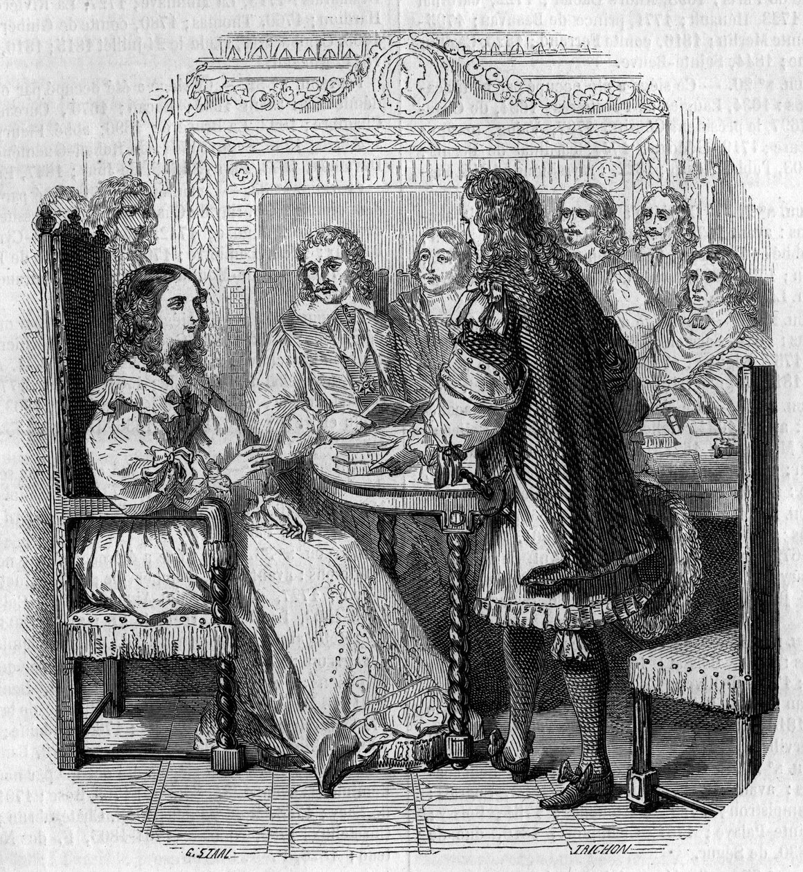 Besøk av dronning Christine av Suede (1626-1689) til Academy Francaise i Paris i nærvær av kardinal Richelieu Gravering av G. Staal av Pierre Gustave Eugene Staal