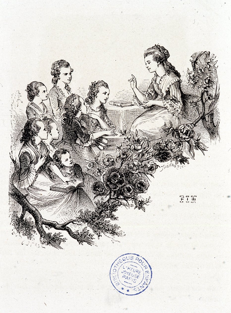 Ung husholderske forteller en historie til en gruppe barn - i "Le magasin des enfants"" av Mme Leprince de Beaumont, ill. Staal, Garnier av Pierre Gustave Eugene Staal