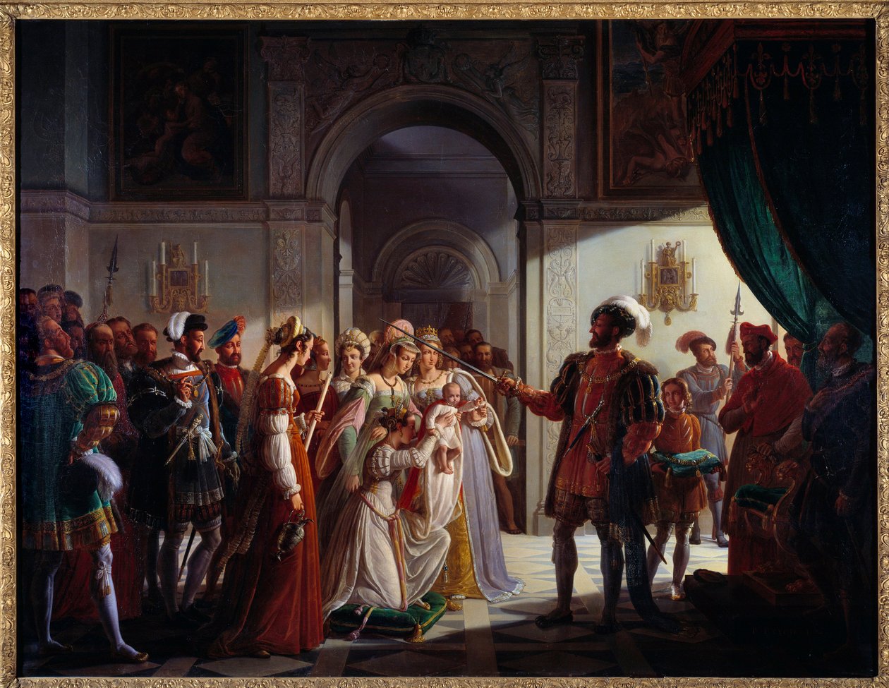 Francois I (1494-1547) bevæpnet ridder hans barnebarn Francois II (1544-1560). Den unge prinsen er ledsaget av foreldrene Henry II (1519-1559), og Catherine de Medici (Caterina de Medici) (1519-1589). Maleri av Pierre Henri Revoil (1776-1842) av Pierre Henri Revoil