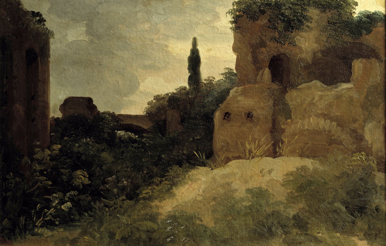Ved Villa Farnese, romerske ruiner Maleri av Pierre Valenciennes (1750-1819) 1700-tallet Søn. 0,26x0,4 m av Pierre Henri de Valenciennes