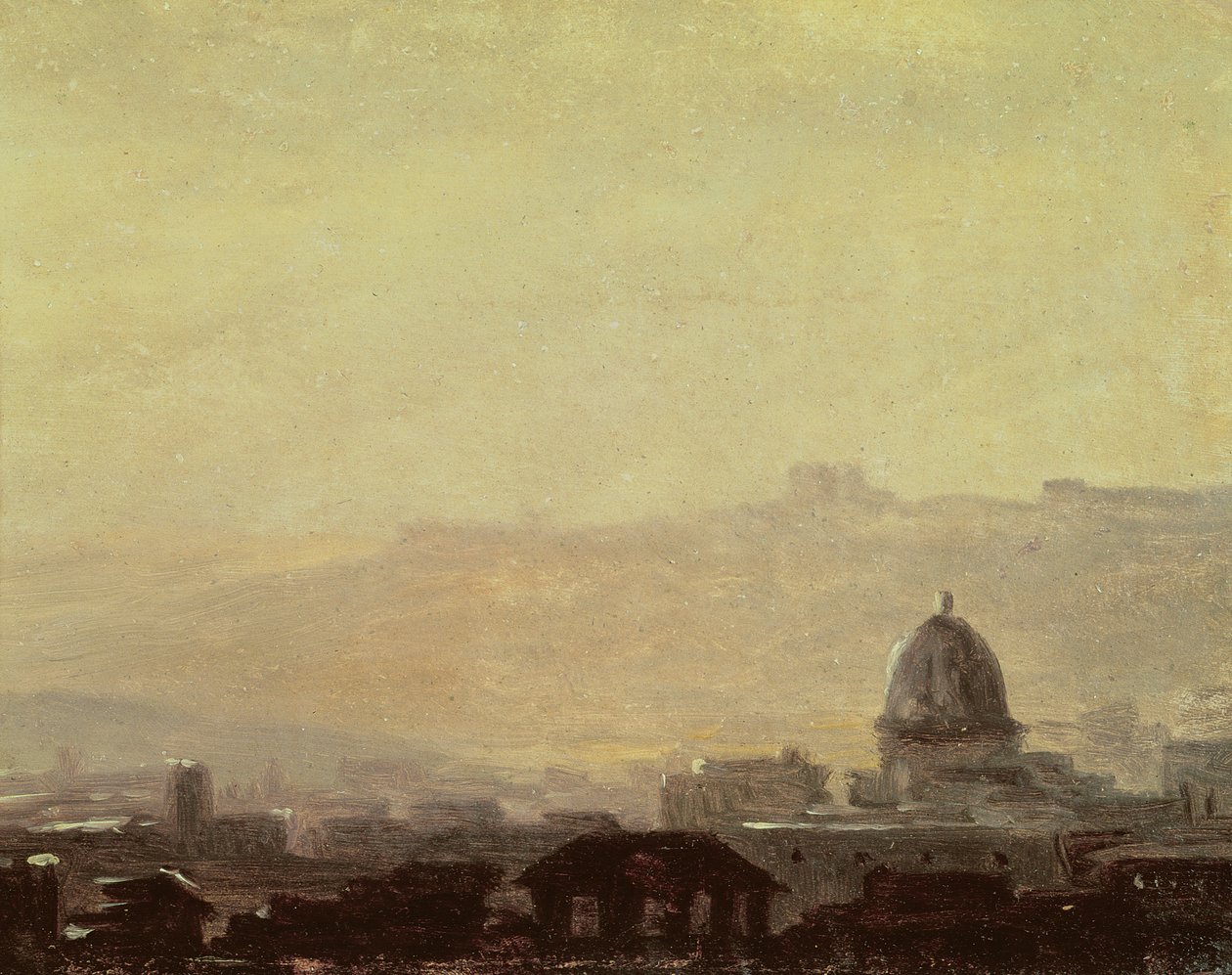 Hus dominert av en kuppel, Roma (olje på papir montert på kort) av Pierre Henri de Valenciennes