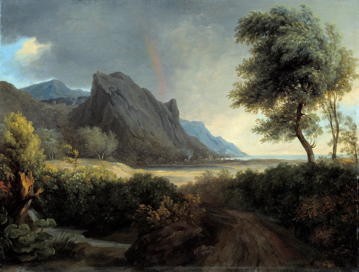 Fjelllandskap vasket av havet. Regnbue. - Pierre de Valenciennes (1750-1819) 1800-tallet søn. 0,4x0,53 m av Pierre Henri de Valenciennes