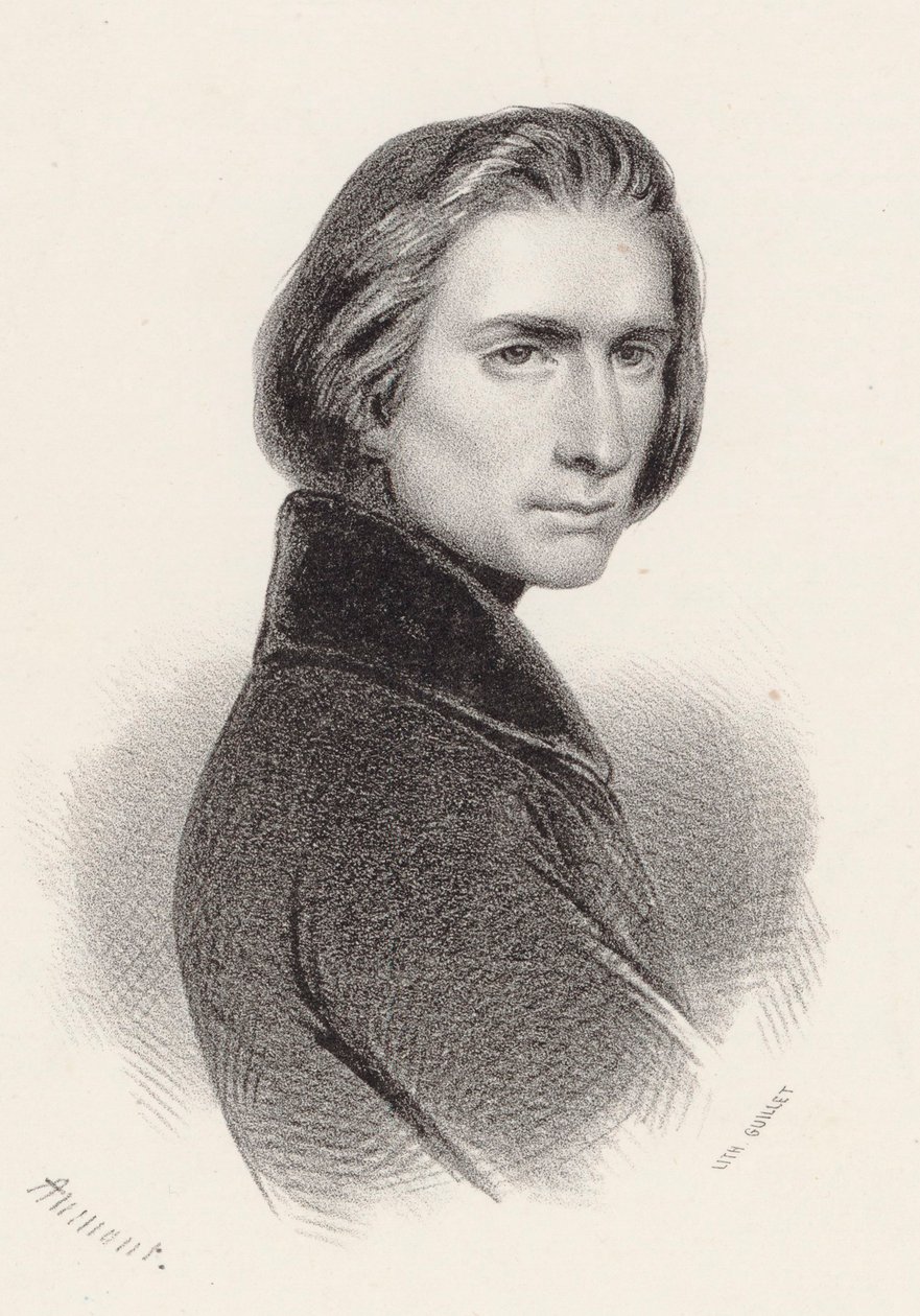 Portrett av komponisten Franz Liszt 1811-1886. av Pierre Hippolyte Aumont