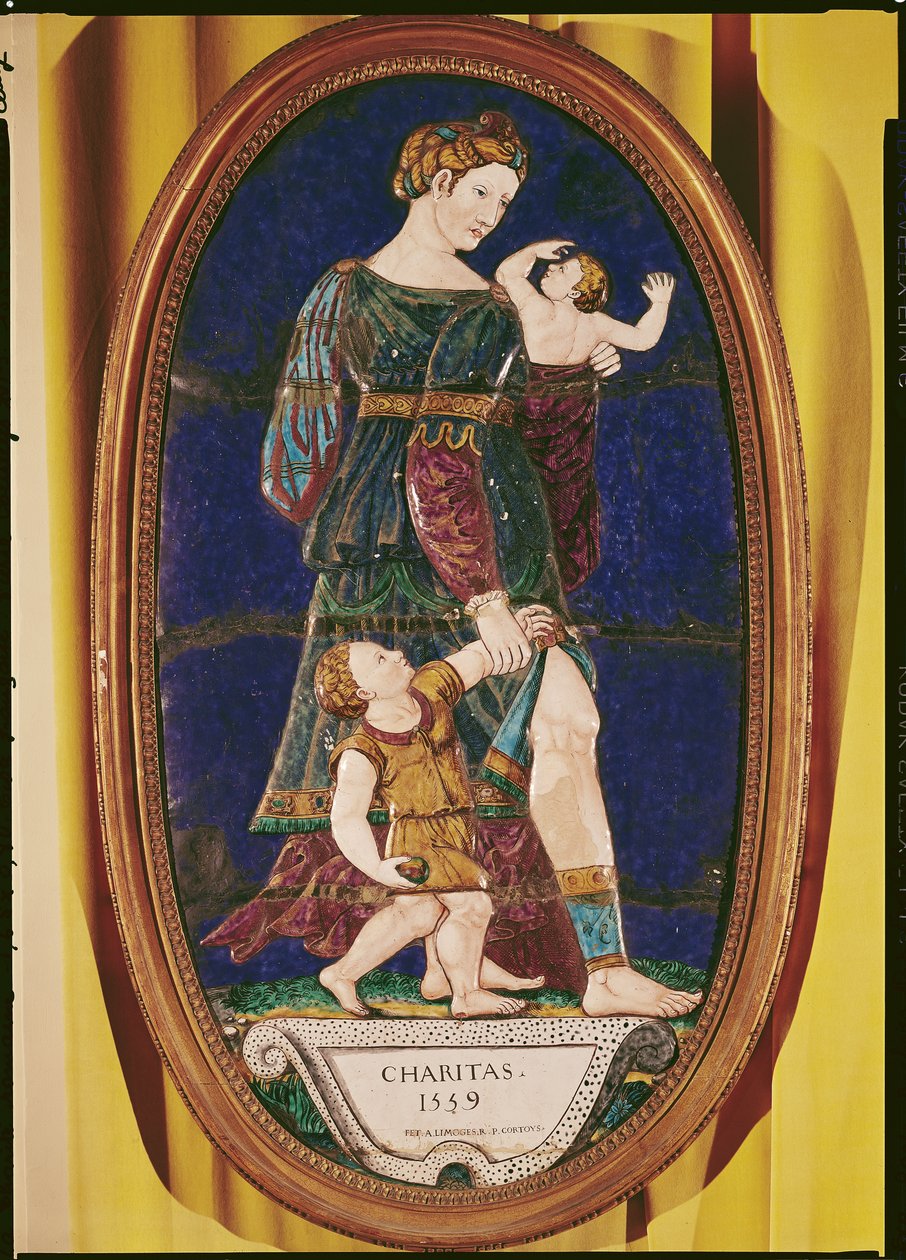 Plakett som viser Charity, Limousin, 1559 (malt emalje) av Pierre I Courteys