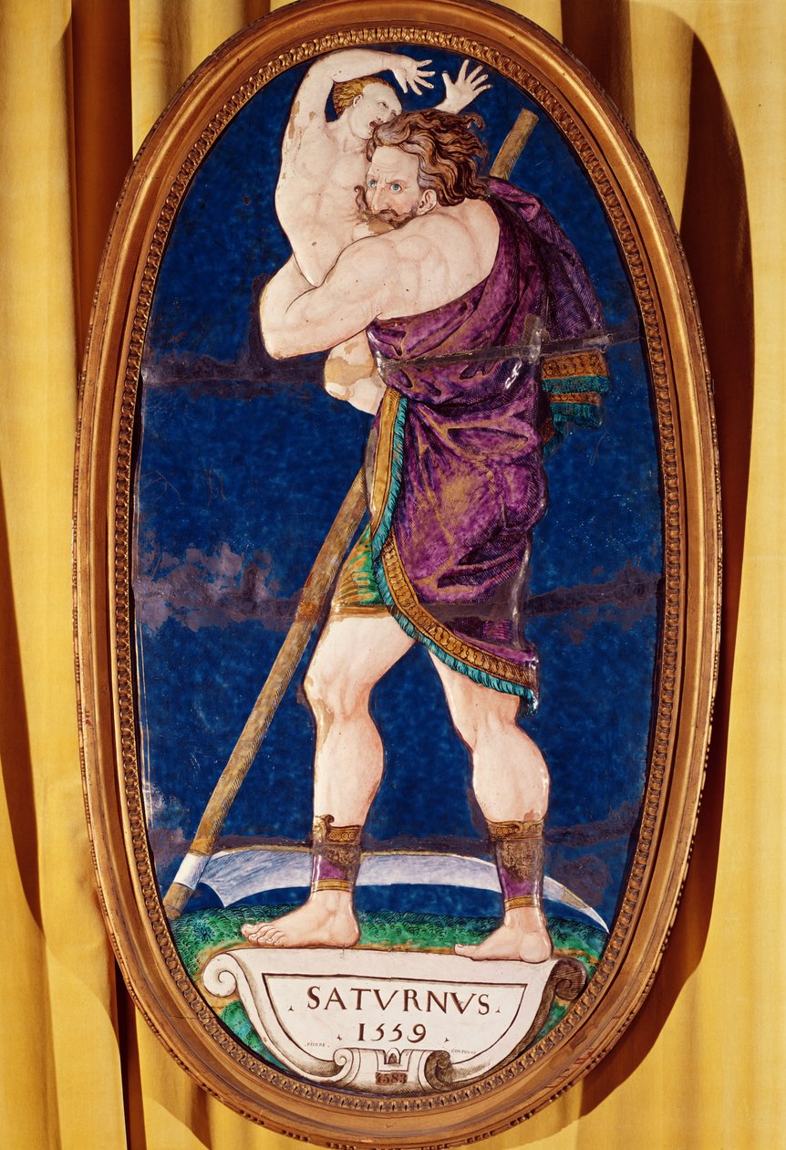 Plakett som viser Saturn, fra Chateau de Madrid, Neuilly, 1559 (malt emalje) av Pierre I Courteys