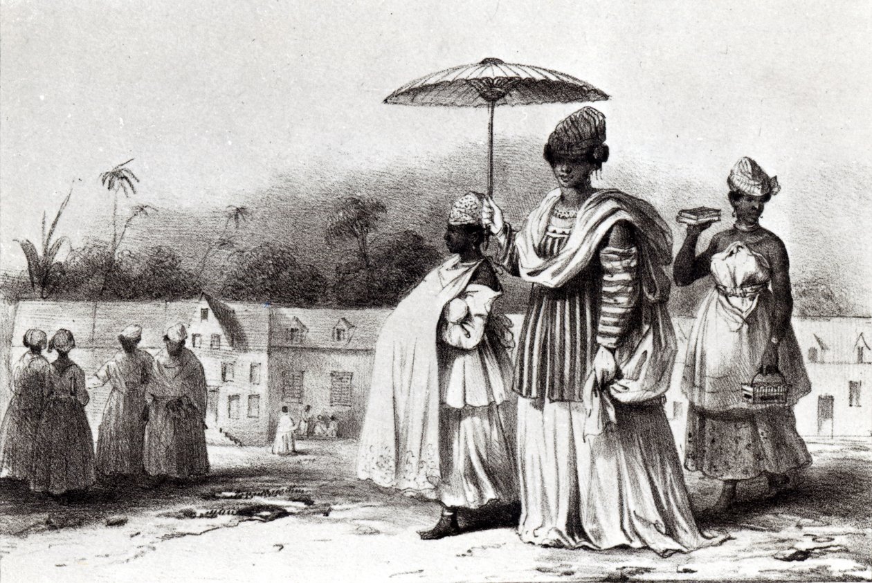 Dame som tar et barn til dåpen, fra "Voyage a Surinam" av Pierre J. (after) Benoit