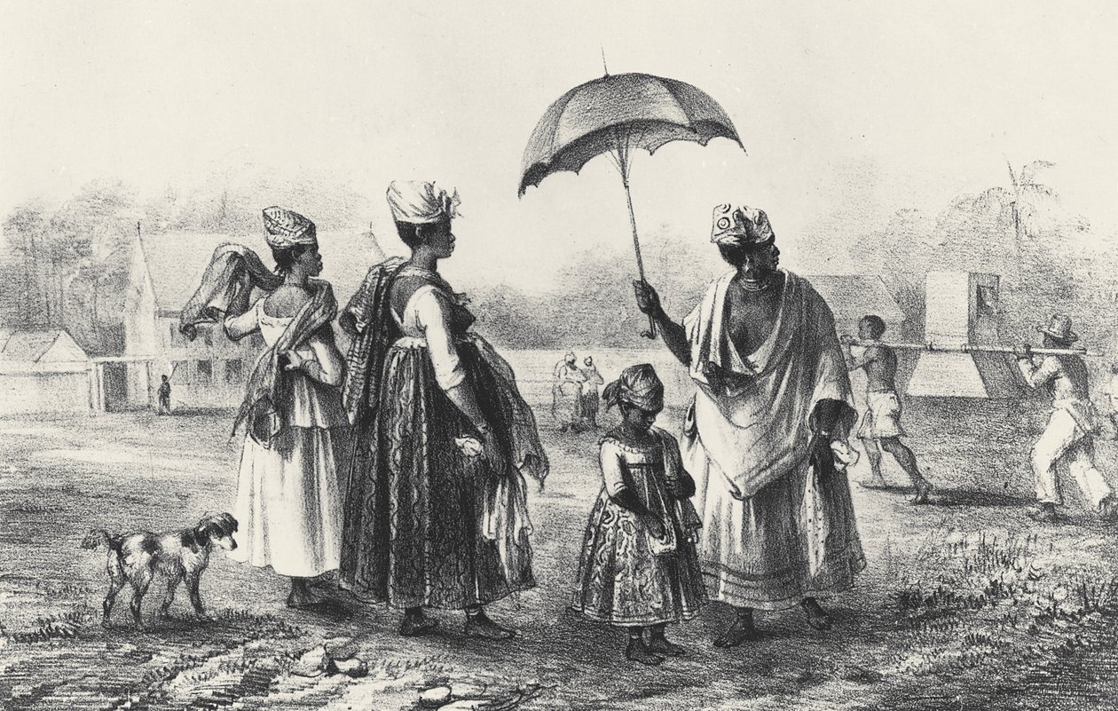 Slavehandlere med barn, fra 'Voyage a Surinam', 1839 (litho) (s/hvitt-bilde) av Pierre J. (after) Benoit