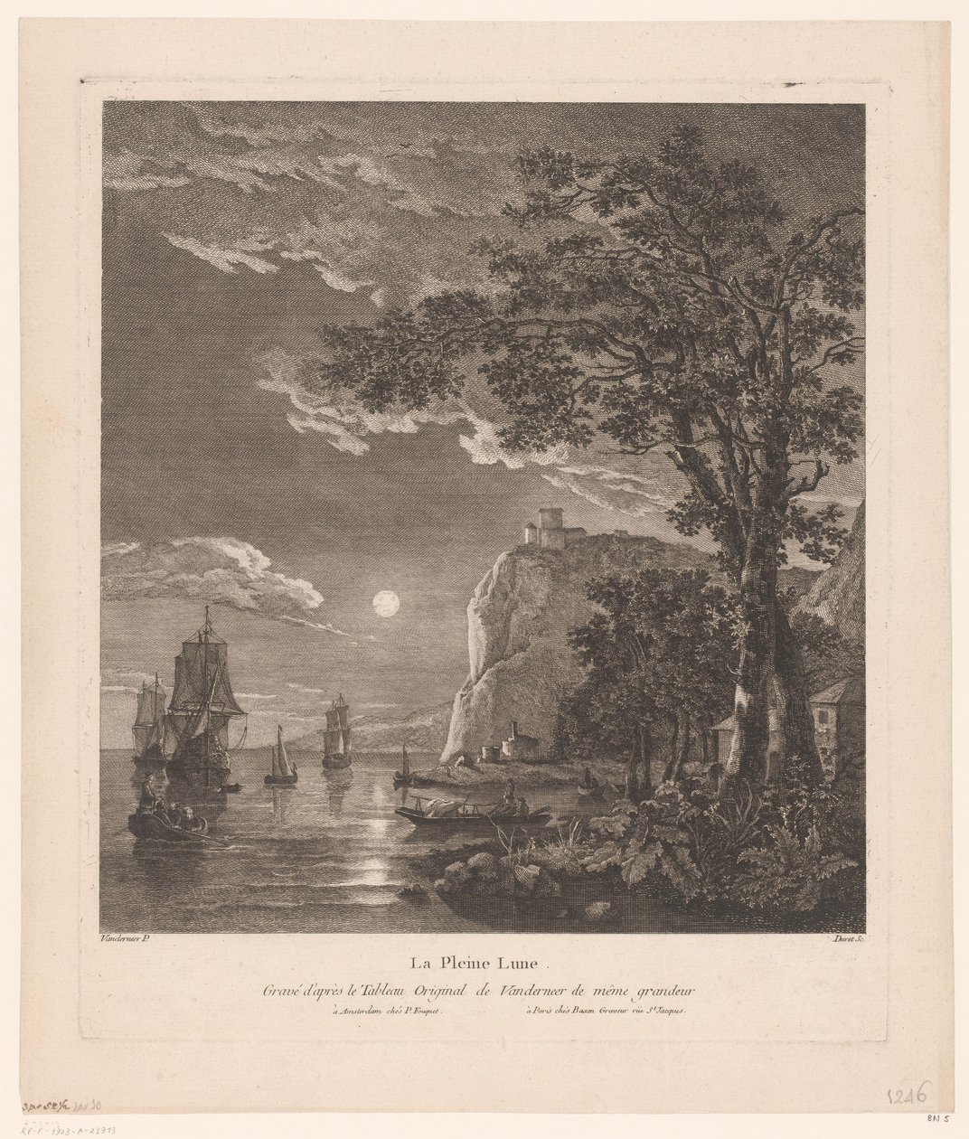 Nattlandskap med skip på kysten La Pleine Lune. (tittel på objekt) av Pierre Jacques Duret