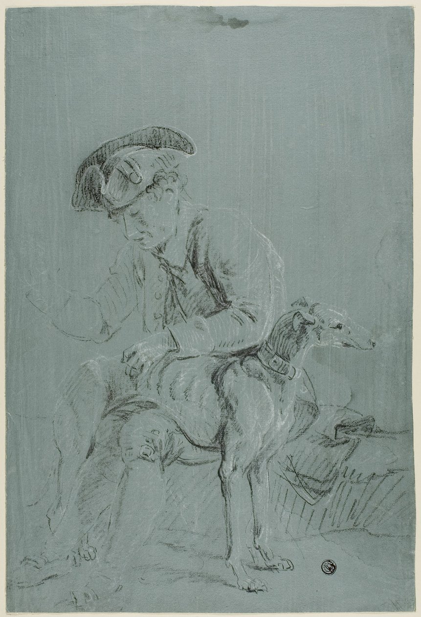 Sittende mann med hund av Pierre Jacques Volaire