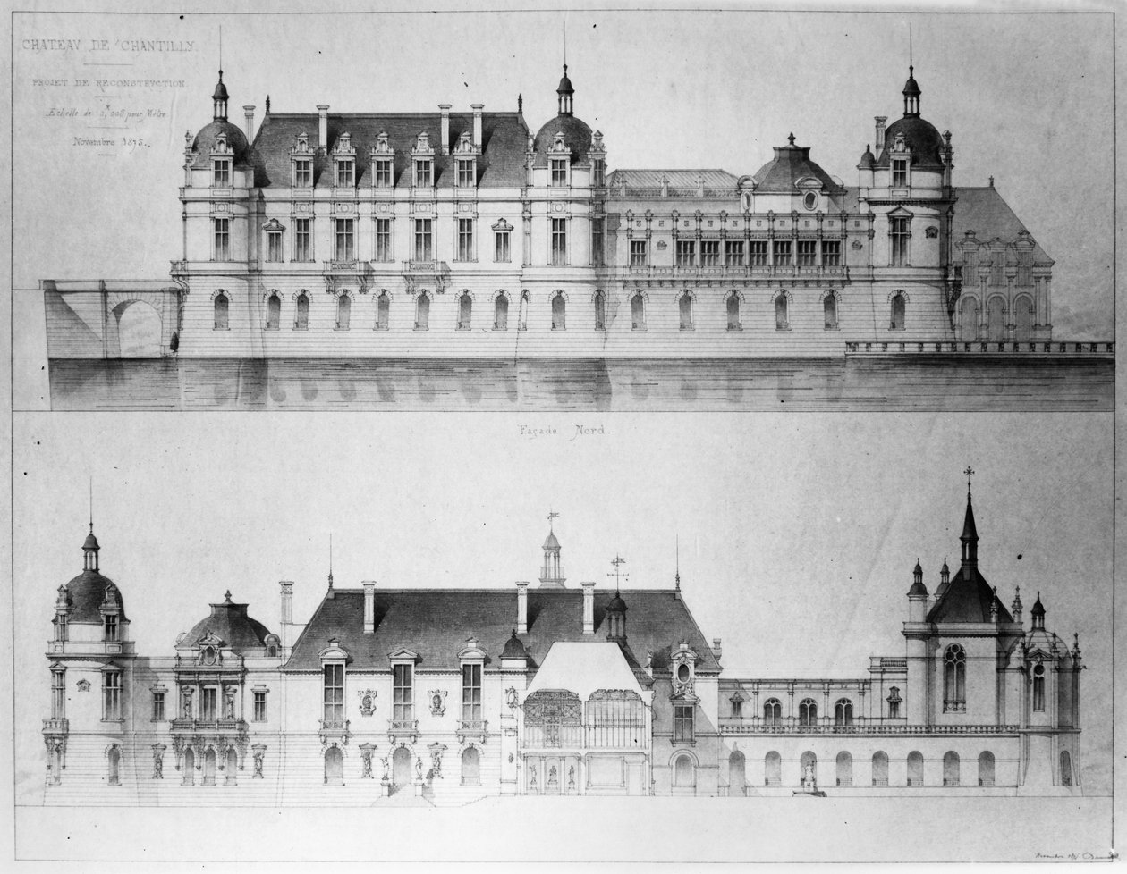 Design for rekonstruksjon av nordfasaden og fasaden til Petit Chateau av Chateau de Chantilly, 1875 (blyant og wc på papir) (bw foto) av Pierre Jerome Honore Daumet