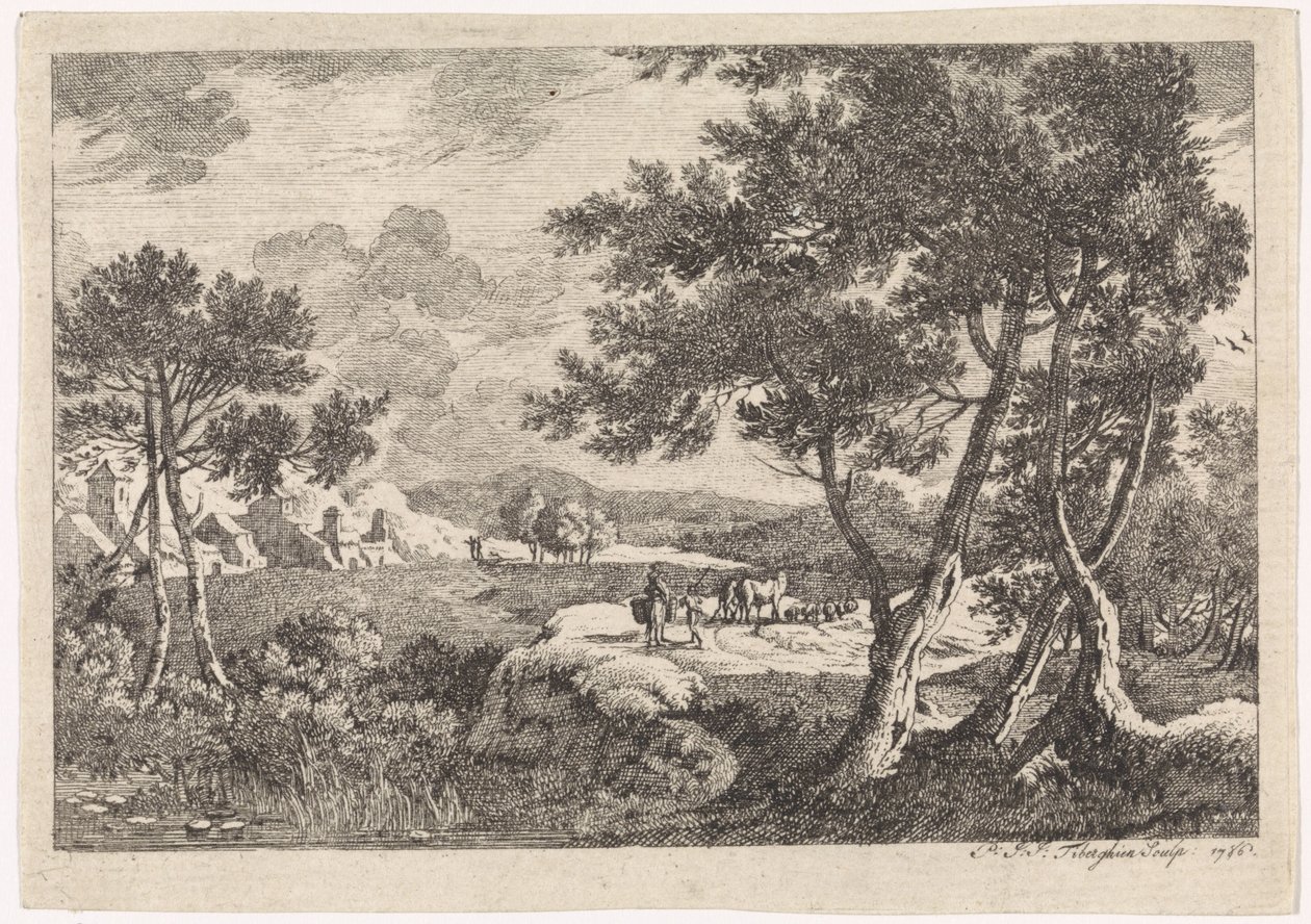Landskap med trær i forgrunnen av Pierre Joseph Jacques Tiberghien