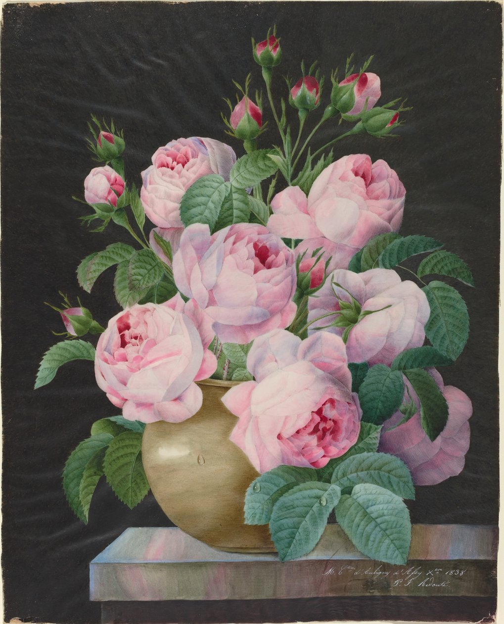 Rosa roser i en vase av Pierre Joseph Redouté