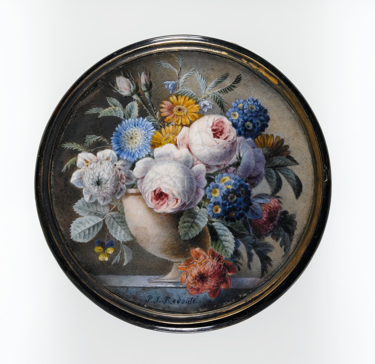Skilpaddeskjellboks med en miniatyr av blomster i en steinvase på en marmorplate, 1827 (wc og kroppsfarge på kort, satt under glass i et feste av forgylt metall) av Pierre Joseph Redouté