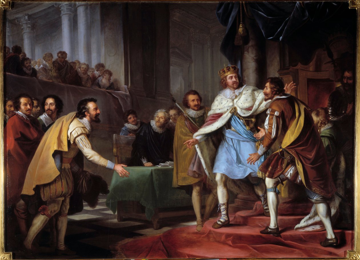 Ambassaden til Maximilian av Bethune, hertugen av Sully (1560-1641) til kong James I Stuart i 1603. Ambassadøren til kongen av Frankrike Henri IV kom for å forhandle med den nye kongen av England og kalte ham Hampton Court 9.09.1603 . Maleri av Pierre Laco av Pierre Lacour