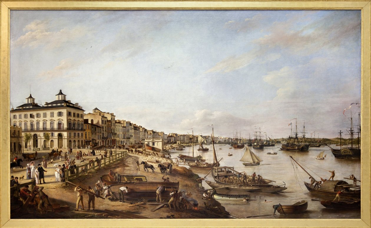 Utsikt over en del av havnen og bryggene i Bordeaux, kjent som Chartrons og Bacalan, Oljemaleri på lerret laget i 1804 av Pierre Lacour Pere av Pierre Lacour