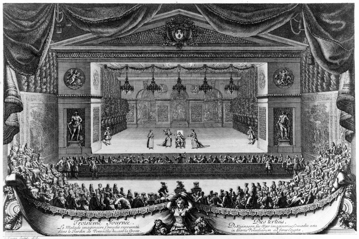 Tredje dag: Le Malade imaginaire (av Molière), komedie representert i Versailles-hagen foran grotten i 1676, gravering av Pierre Lepautre (1660-1744) av Pierre Lepautre