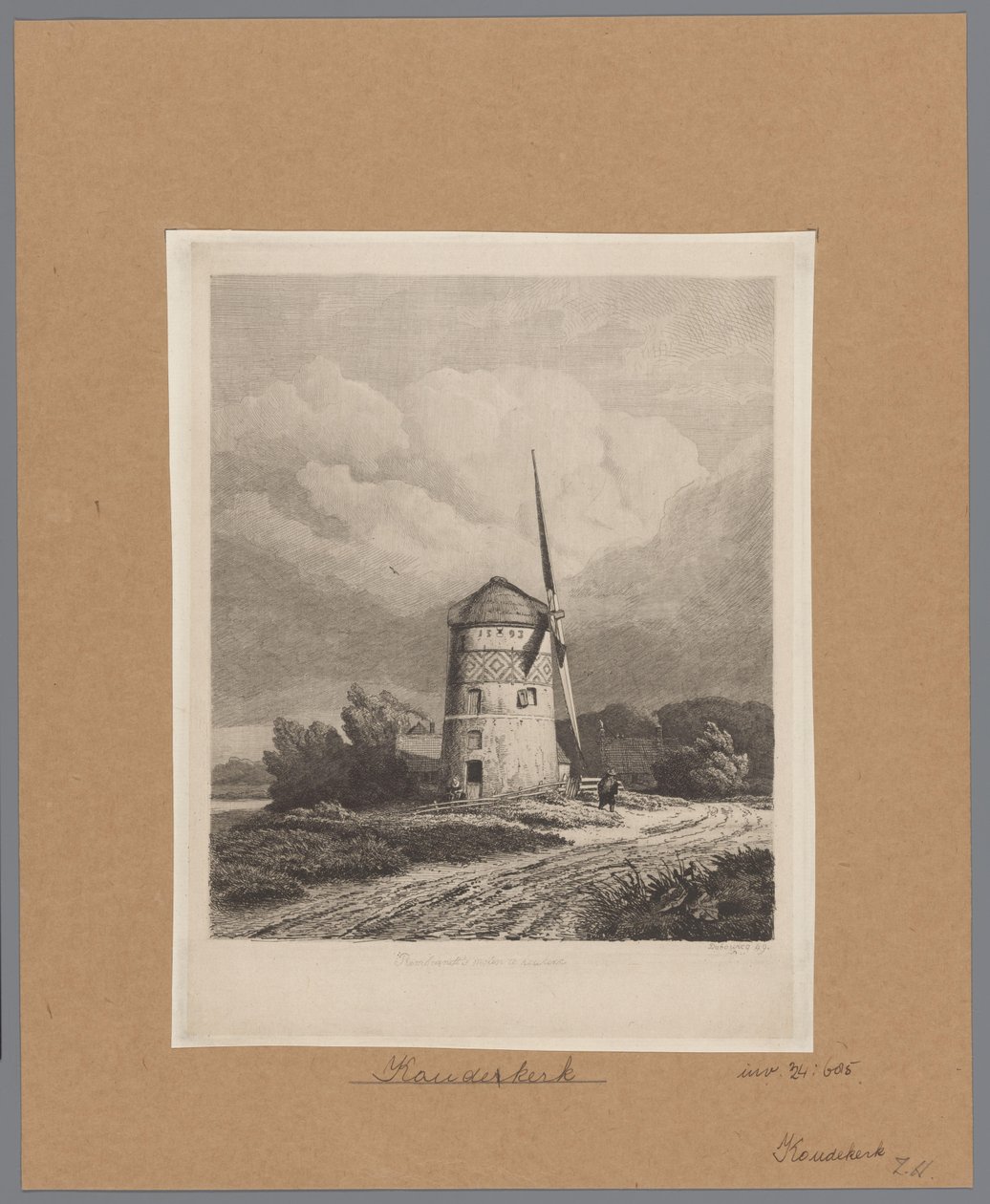 Utsikt over Steenenmolen eller Rembrandts vindmølle i Koudekerk aan den Rijn Rembrandts vindmølle i Koukerk (tittel på objekt) av Pierre Louis Dubourcq