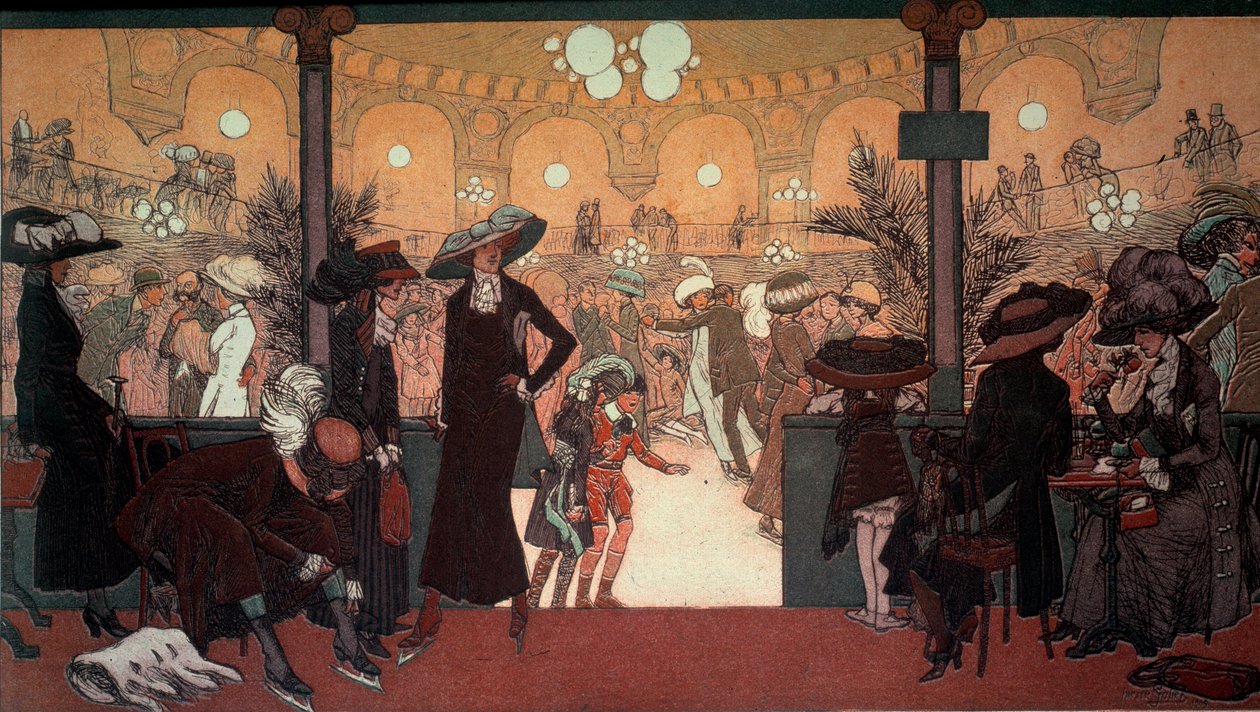 Palais des Glaces: Utsikt fra det indre av Palais des Glaces på Champs Elysees i Paris: skøytebanen. Kunstverk av Pierre Gatier (1878-1944) Privat samling av Pierre Louis Gatier